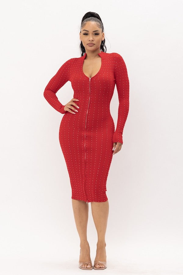 Rhinestone Zip Up Midi Dress - Red