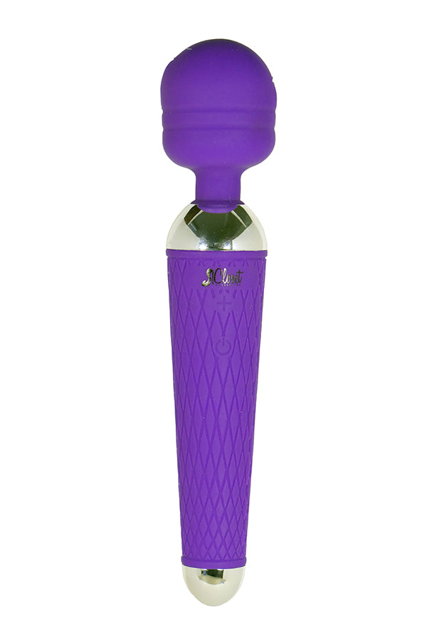 The product image shows a purple rechargeable personal massager on a white background.