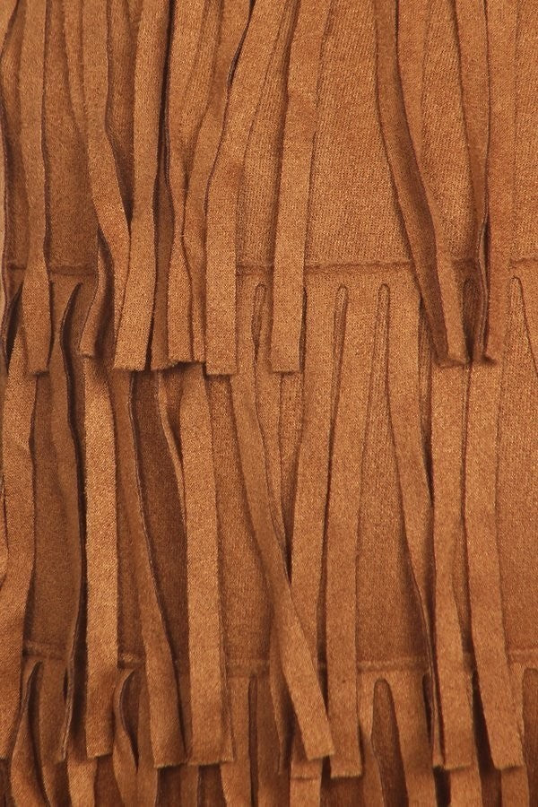 Faux Suede Tiered Fringe Trim Shorts - Camel - Close Up