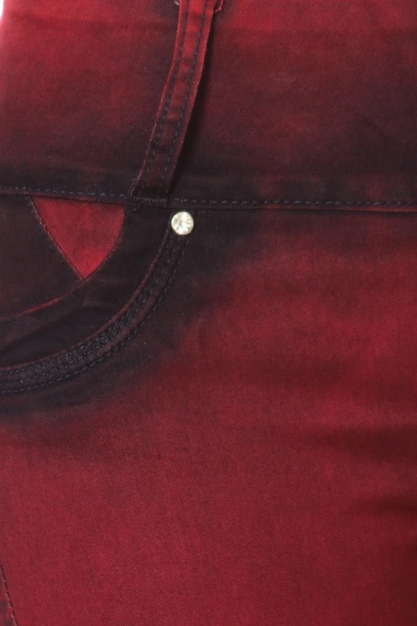 Close up of High Waist Jeans W/ Crotchet & Rhinestones in Red