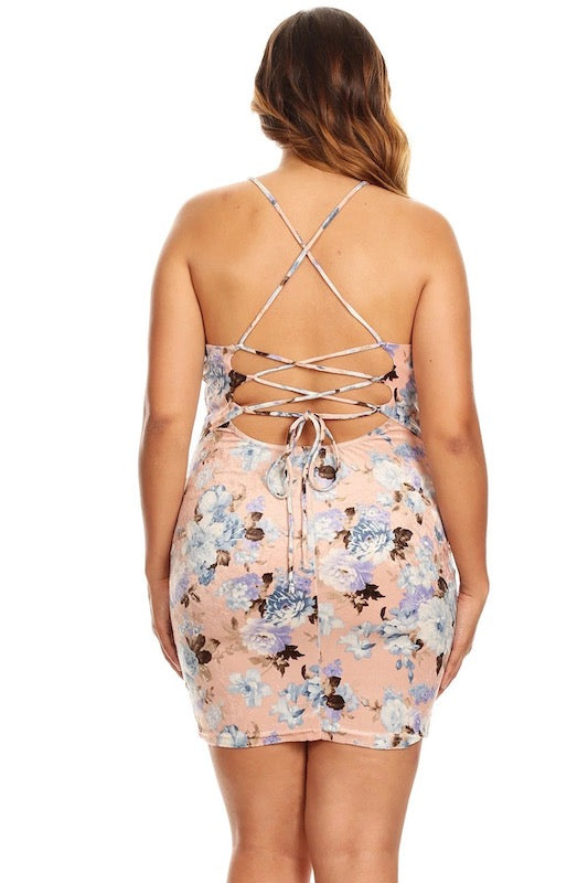 back of Velvet Floral Lace Up Back Dress