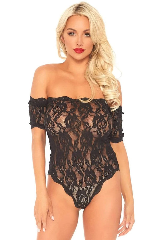 black Scalloped Rose Lace Strapless Teddy on model