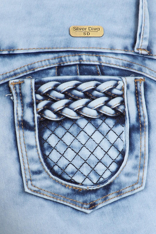 Close up of Rapunzel Jeans W/ Pearls in Light Blue