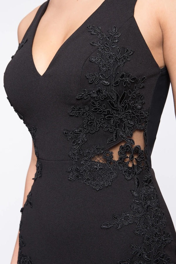 Side Lace Patch Detail Dress - Black - Close Up