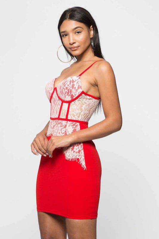 Asymmetrical Scalloped Lace Bustier Dress in Color Red