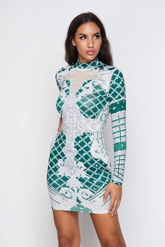 Glamour Contour Print Long Sleeve Dress W/ Rhinestones