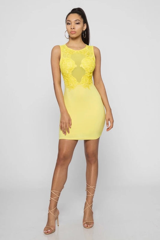 Venetian Lace Appliqué Dress - Yellow