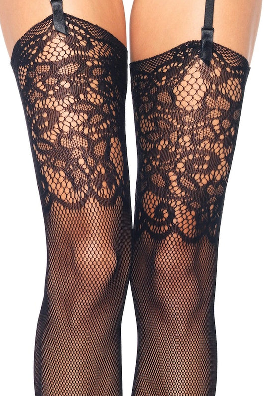 Fishnet Stockings W/ Lace Top - Black - Closeup