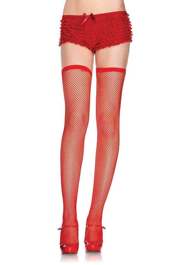 Dionne Fishnet Thigh High Stockings. - Red