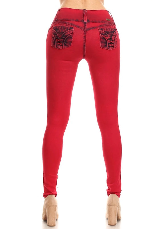 Back of Tuxedo Studded Distressed Jeans in Red