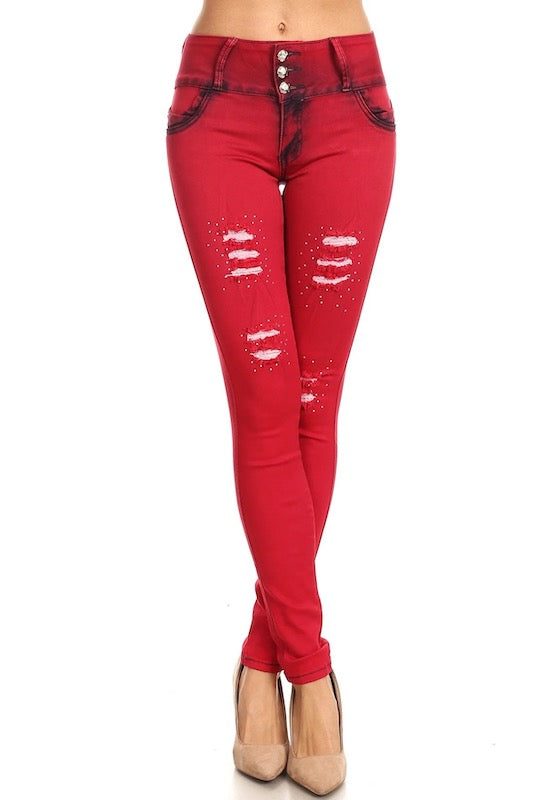Tuxedo Studded Distressed Jeans in Red