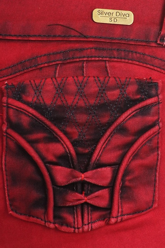 Close up of Tuxedo Studded Distressed Jeans in Red