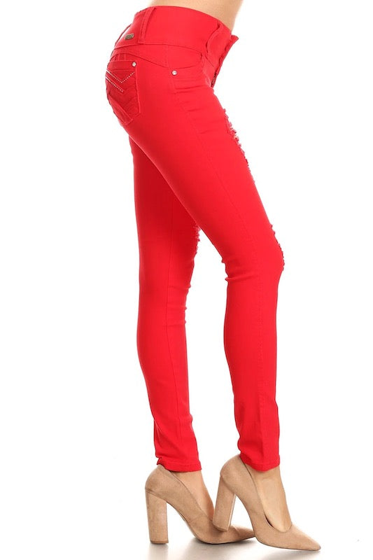 Side of Valentina Distressed Jeans W/ Rhinestone Pockets in Red