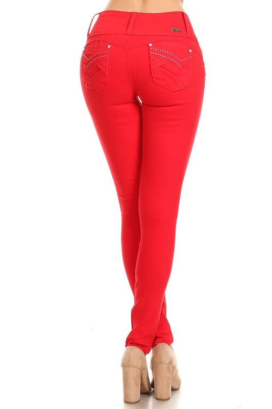 Back of Valentina Distressed Jeans W/ Rhinestone Pockets in Red