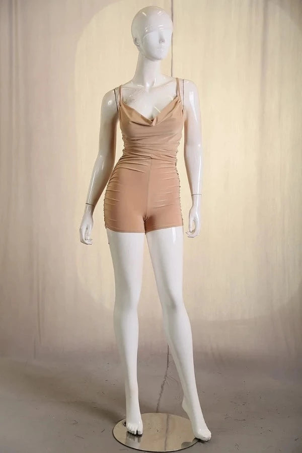 Shirred Cowl Neck Romper - Khaki