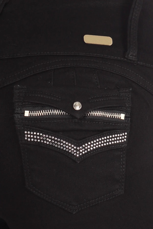 Close up of High Rise Jeans W/ Rhinestone and Zipper Pockets in Black