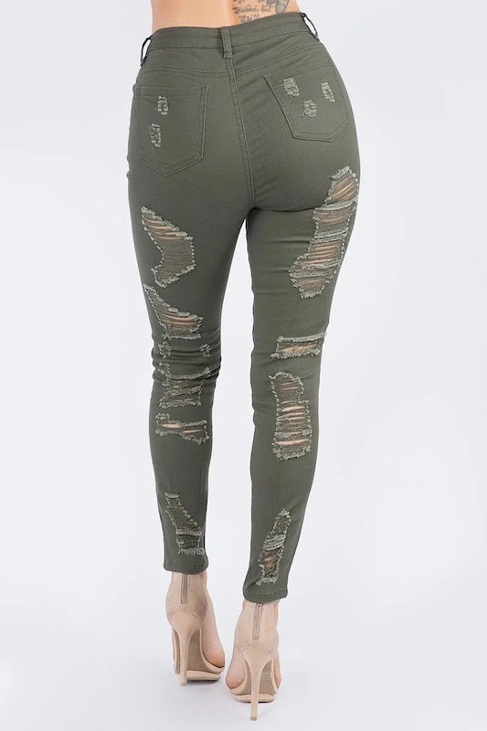 Back of Destroyed All Over Jeans in Olive Color