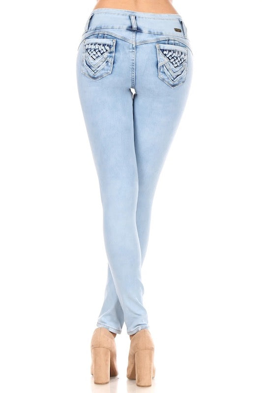 Back of Amy Distressed High Waist Jeans W/ Woven Pockets in Light Blue