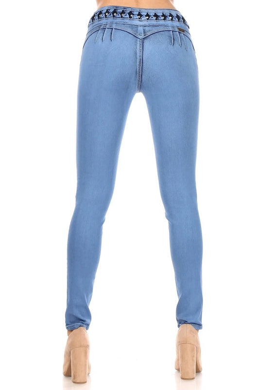 Back of Mid Rise Studded Jeans W/ No Pockets in Blue