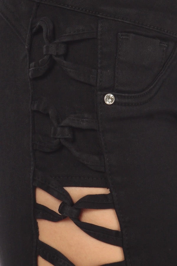 Close up of Avery No Pocket Jeans W/ Side Knots in Black