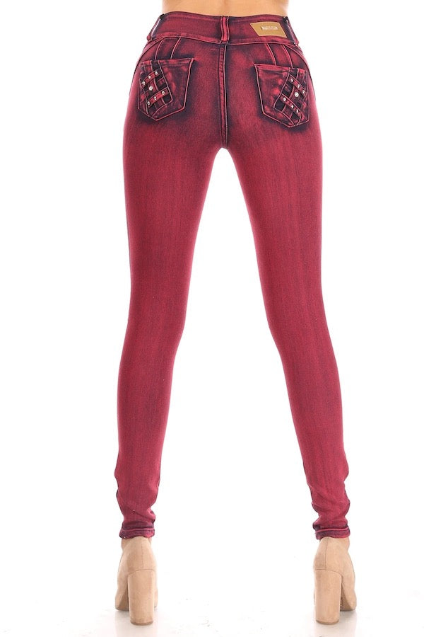 Back of Distressed Studded Jeans in Red Color