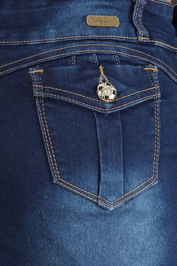 Layla Denim Overall Skirt With Pockets - Navy - Close Up