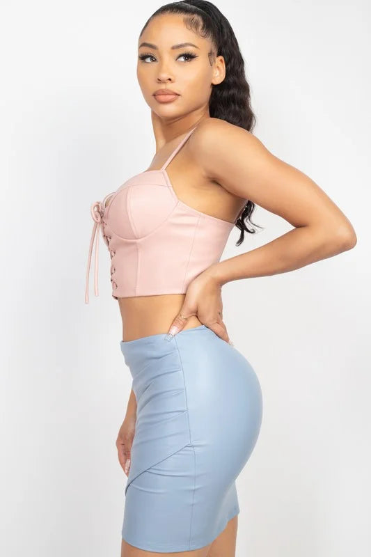 Cross The Line Faux Leather Lace-Up Tank Top - Pink