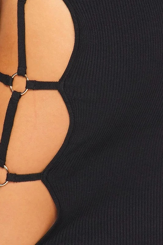 Caged Curves Side Wide Open Long Sleeve Dress - Black - Close Up