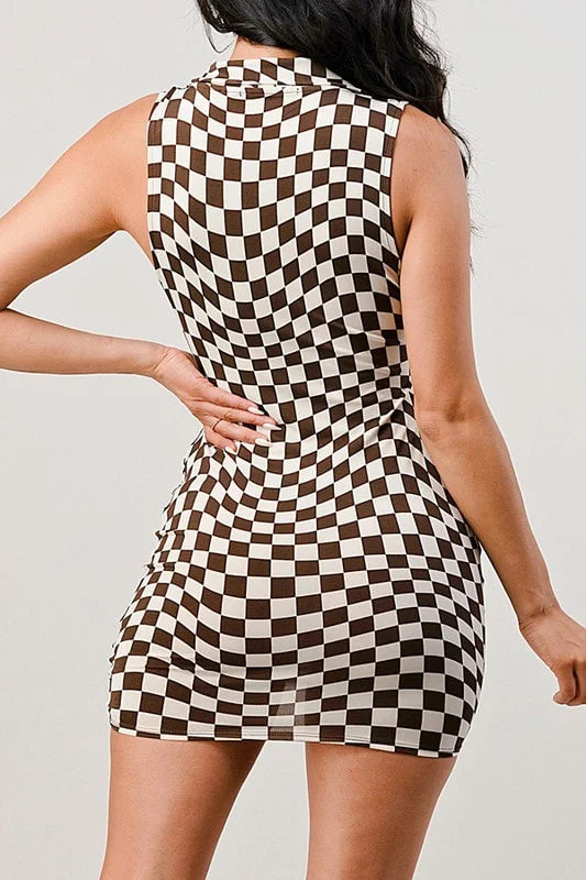 Checkmate Collar Ruched Dress - Brown - Back View