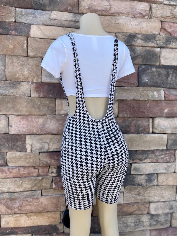 back of Houndstooth Overalls With Short Sleeve Crop Top