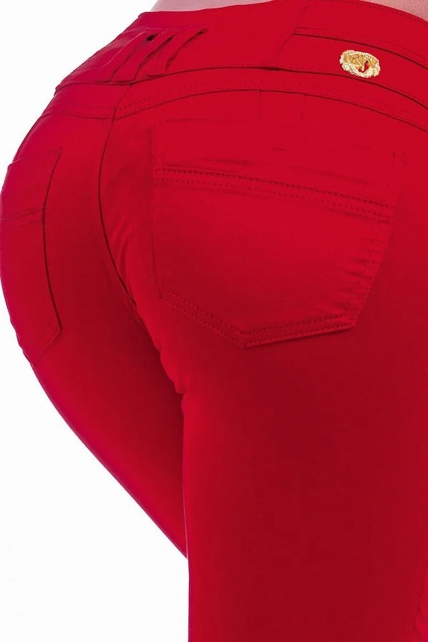 Close up of High Rise Colombian Style Jeans in Red