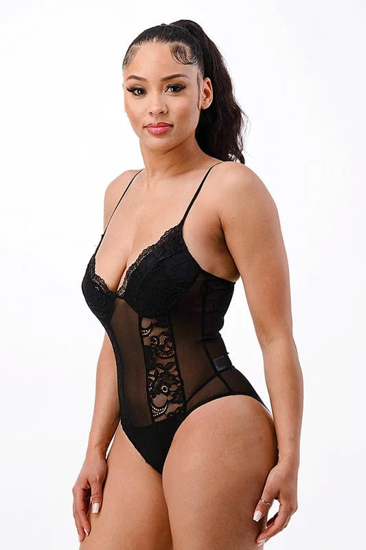 Spaghetti Strap Lace And Mesh Contrast Bodysuit - Black