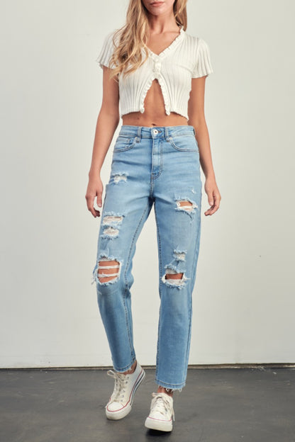 High Rise Distressed Slim Straight Jeans