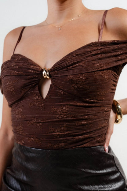 Stretch Lace Gold Trim Inset Off Shoulder Bodysuit - Brown