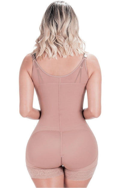 Person wearing a mocha shapewear bodysuit on a white background