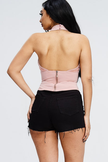 Mock Neck Halter Front Lace Up Top