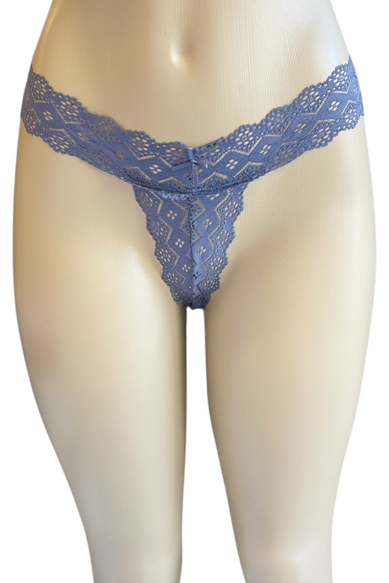 Blue lace thong on a mannequin against a white background