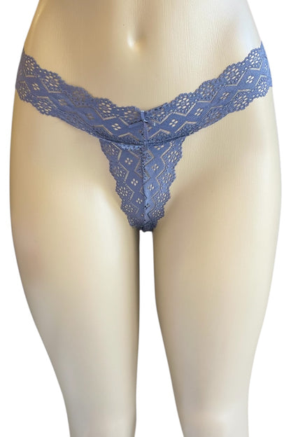 Blue lace thong on a mannequin against a white background