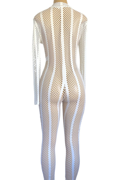 Fishnet bodysuit with long sleeves on a white background