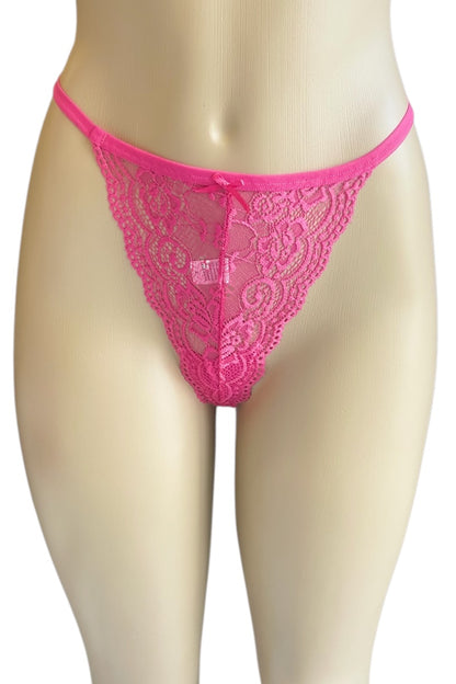 Pink lace thong on a mannequin against a white background