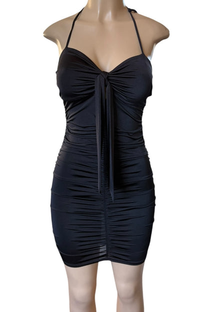 Black halter neck dress on a mannequin against a white background