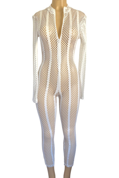 Mannequin wearing a white fishnet outfit on a white background