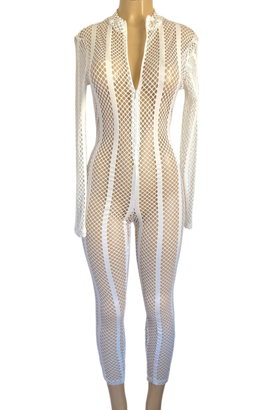 Mannequin wearing a white fishnet outfit on a white background