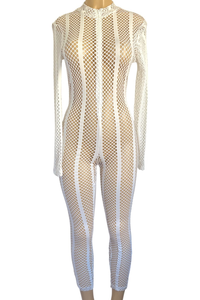 White fishnet bodysuit on a mannequin against a white background