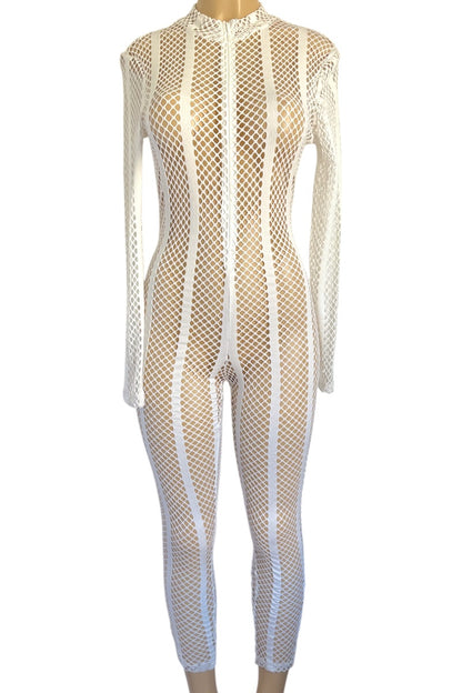 White fishnet bodysuit on a mannequin against a white background