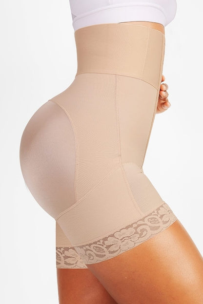 Beige shapewear being worn on a white background