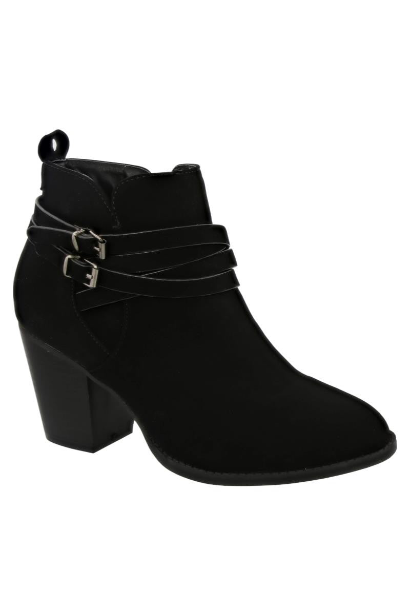 Double Buckled Low Block Heel Ankle Bootie