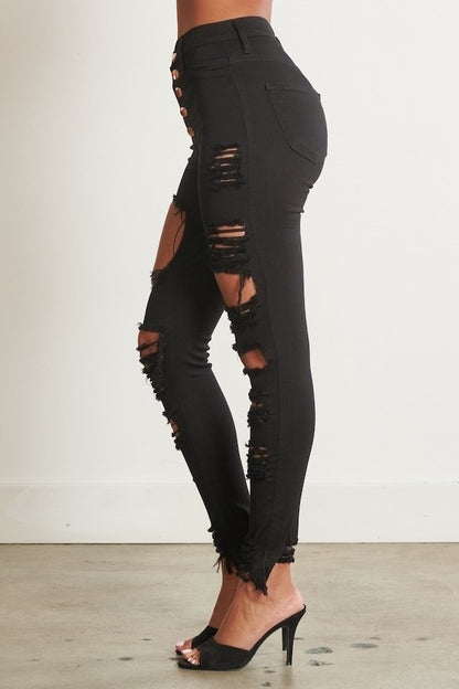 Classic 5 Button Distressed Skinny Jeans - Black