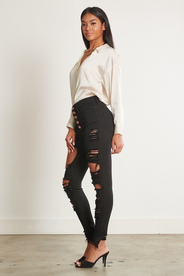 Classic 5 Button Distressed Skinny Jeans - Black