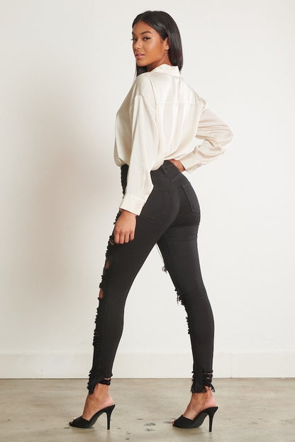 Classic 5 Button Distressed Skinny Jeans - Black